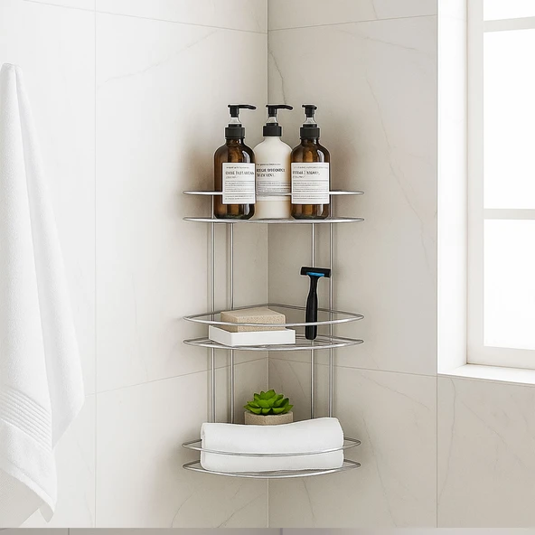 Banyo Duş Köşe Rafı Üç Katlı Krom Şampuanlık Paslanmaz Metal Duvar Tipi Düzenleyici Organizer - Resim 2