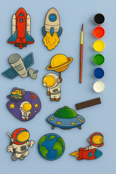 KİDEWO Uzay Gezegen Ahşap Boyama ve Etkinlik Seti – Eğitici Çocuk Aktivite, Fırça Akrilik Boya, Okul Öncesi