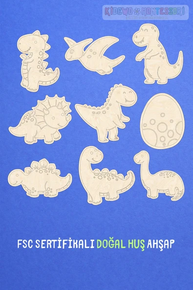 KİDEWO Dinazorlar Ahşap Boyama Etkinlik Seti Eğitici Çocuk Aktivite Kreş Okul Öncesi Boya Fırça Dahil Değil - 2