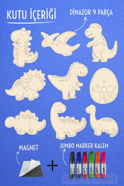 KİDEWO Dinazorlar Ahşap Boyama Etkinlik Seti Eğitici Çocuk Aktivite Keçeli Kalem Kreş Okul Öncesi - 4