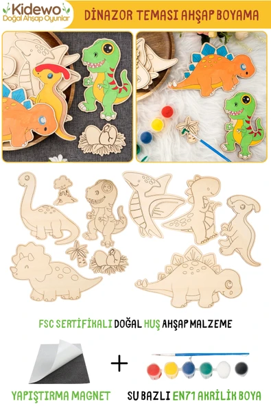 KİDEWO Dinazorlar Ahşap Boyama Etkinlik Seti + Eğitici Çocuk Aktivite + Fırça Akrilik Boya Kreş Okul Öncesi