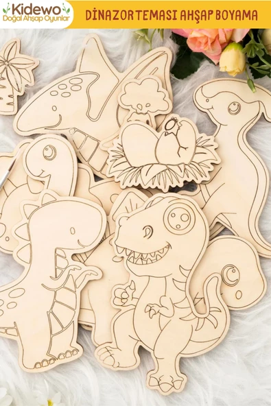 KİDEWO Dinazorlar Ahşap Boyama Etkinlik Seti 20’li Eğitici Çocuk Aktivite Kreş Anaokulu Okul Öncesi - 2