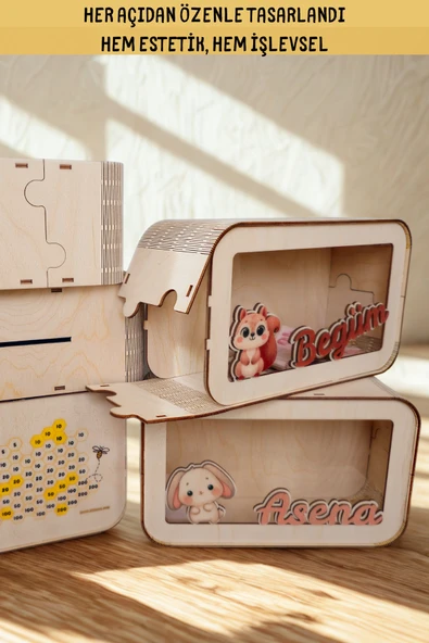 KİDEWO Kişiye Özel Ahşap Kumbara | Hedefli | İsimli & Figürlü | Çocuk Tasarruf Kumbarası - 3