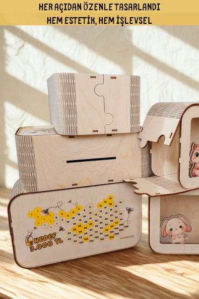 KİDEWO Kişiye Özel Ahşap Kumbara | Hedefli | İsimli & Figürlü | Çocuk Tasarruf Kumbarası - 2