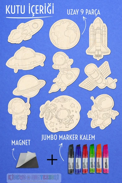 KİDEWO Uzay Roket Ahşap Boyama Etkinlik Seti Eğitici Çocuk Aktivite Keçeli Kalem Kreş Okul Öncesi - 3