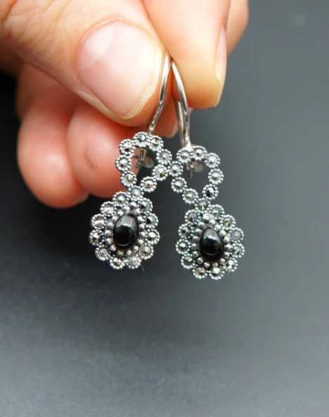 925 Ayar Gümüş Oltu Taşı Kadın Küpe skü00017 - Resim 3