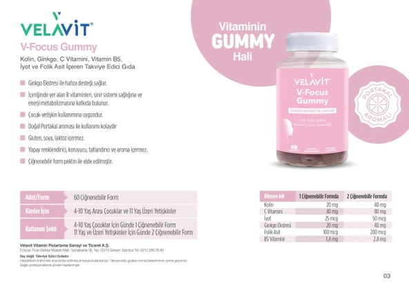 Velavit V-Focus Gummy 60 Gummies - Resim 2