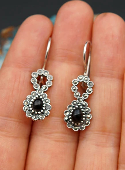 925 Ayar Gümüş Oltu Taşı Kadın Küpe skü00017 - Resim 7