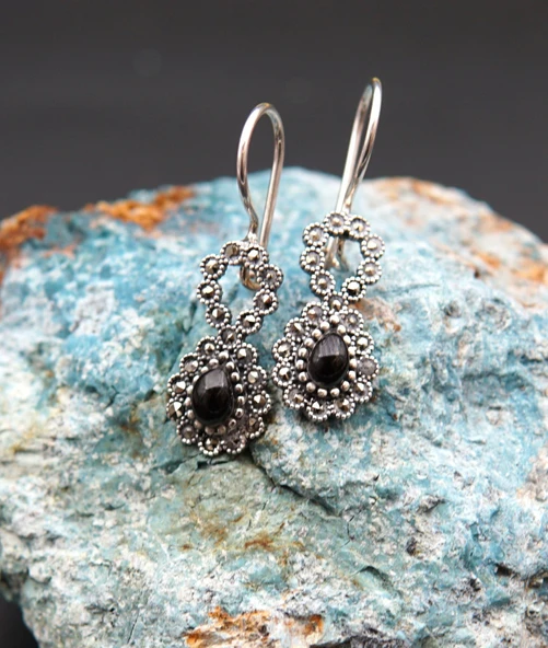 925 Ayar Gümüş Oltu Taşı Kadın Küpe skü00017 ürün görseli 1