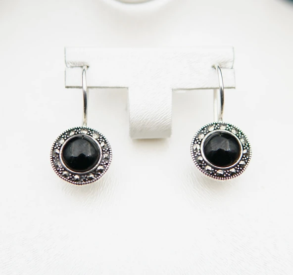 925 Ayar Gümüş Oltu Taşı Kadın Küpe skü00018 - Resim 4