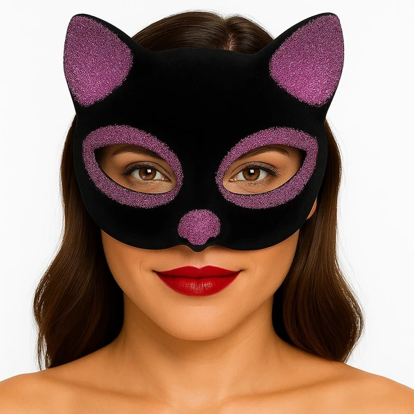 Siyah Renk Pembe Simli Süet Kaplama Kedi Maskesi 18x14 cm ürün görseli 1