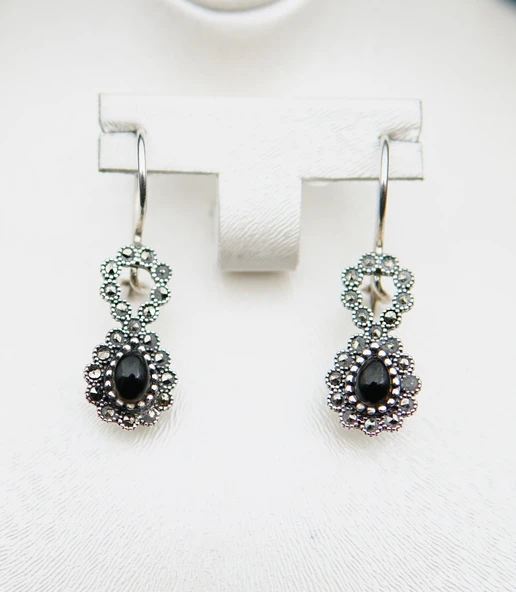 925 Ayar Gümüş Oltu Taşı Kadın Küpe skü00017 - Resim 6