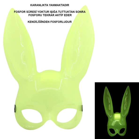 Karanlıkta Parlayan Fosforlu Tavşan Maskesi – Glow Bunny Masquerade Maske (32x22 cm) - Resim 3