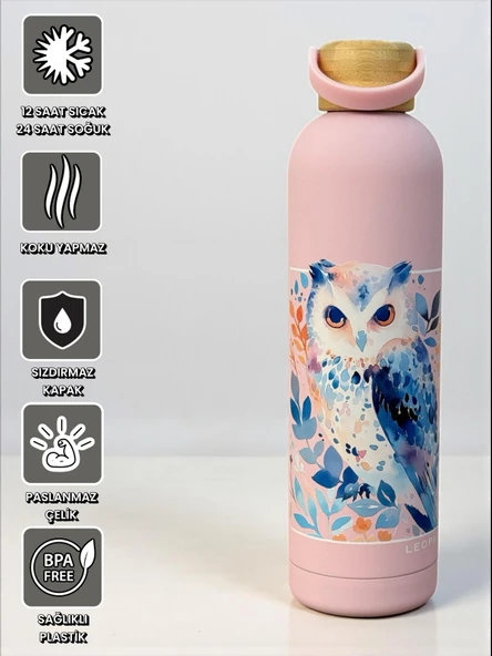 Bambu Kapaklı Pembe Baykuş Figürlü 1000 ml Paslanmaz Çelik Termos - 2