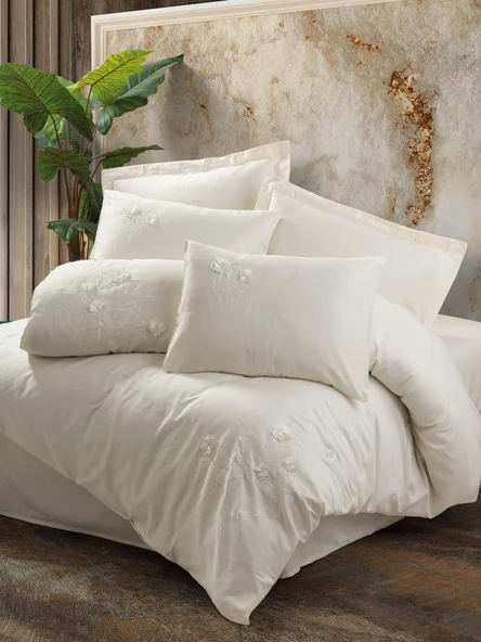 3D Nakışlı Çift Kişilik Saten Nev Takımı Pure Ekru ürün görseli 1