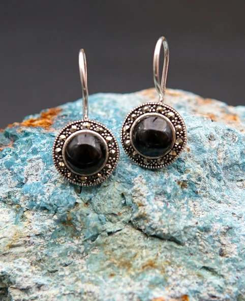 925 Ayar Gümüş Oltu Taşı Kadın Küpe skü00018 - Resim 2