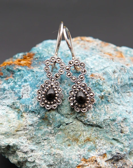 925 Ayar Gümüş Oltu Taşı Kadın Küpe skü00017 - Resim 4