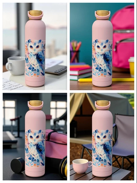 Bambu Kapaklı Pembe Baykuş Figürlü 1000 ml Paslanmaz Çelik Termos - 4