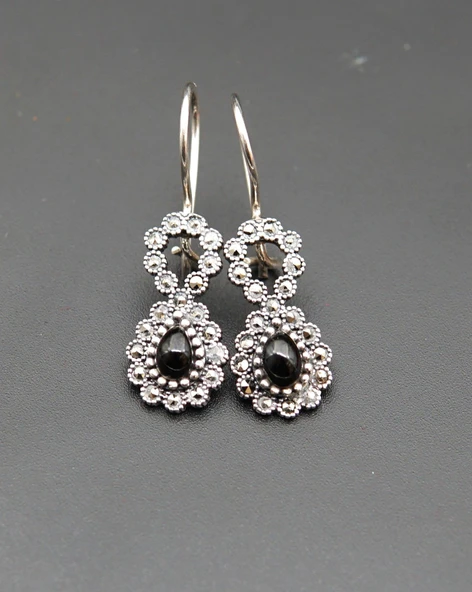 925 Ayar Gümüş Oltu Taşı Kadın Küpe skü00017 - Resim 2