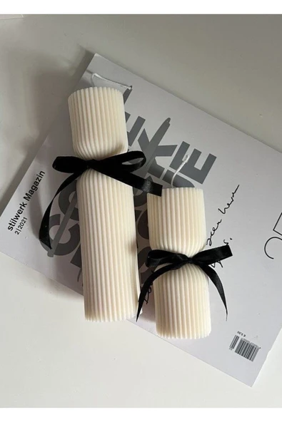 LALEZEN HOME Dekoratif 2 Li Kurdeleli Blok Mum Seti Çizgili Desenli