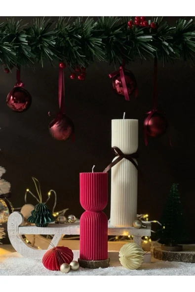 LALEZEN HOME Dekoratif Kırmızı- Beyaz Blok Mum Seti