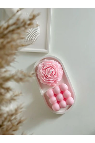 LALEZEN HOME Dekoratif Stantlı Pembe Bubble Mum - Gül Mum Seti