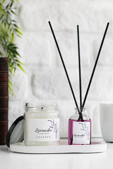 LALEZEN Beyaz Stantli Lavanta Oda Kokusu Ve Lavanta Kokulu Mum