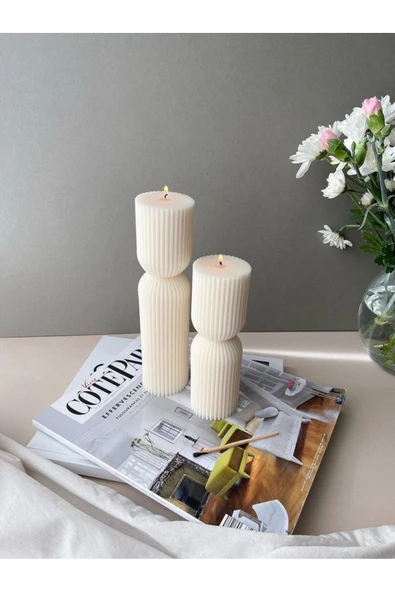 LALEZEN HOME Dekoratif 2 li Blok Mum Seti Çizgili Desenli - 2