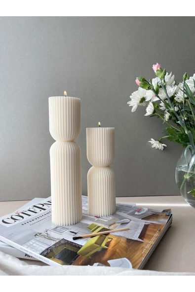 LALEZEN HOME Dekoratif 2 li Blok Mum Seti Çizgili Desenli