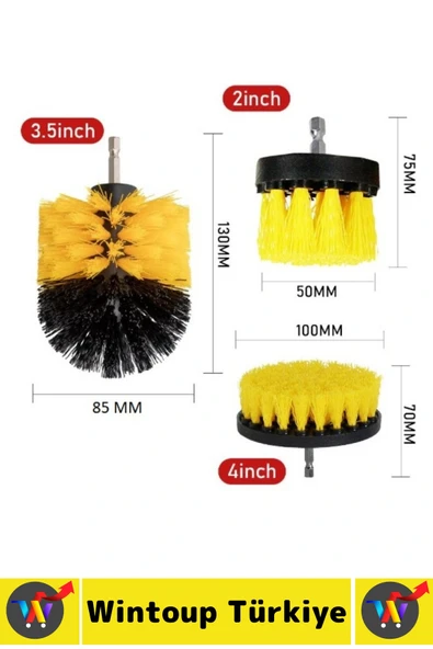 Premium Banyo Küvet Fayans Mutfak Oto Koltuk Tekerlek Matkap Ucuna Takılan 3'lü Temizlik Fırça Seti - Resim 2