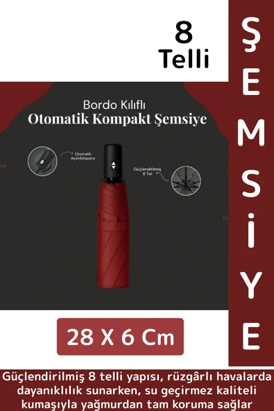 Kompakt Çanta Boy Seyahat Tipi Dayanıklı Otomatik Açma Kapama Güçlendirilmiş 8 Telli Kılıflı Şemsiye