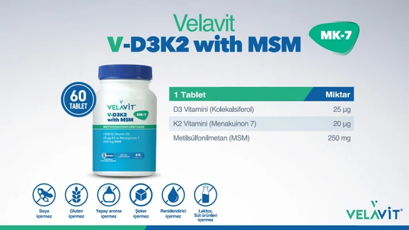 Velavit V-D3K2 with MSM 60 Tablet - Resim 3