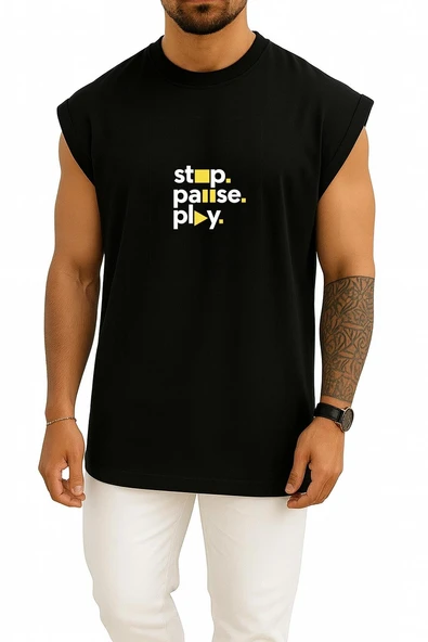 Oversize Stop Pause And Play Göğüs Tasarımlı Atlet - Resim 11