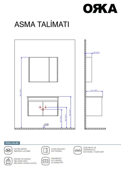 ORKA Side 65 cm Mat Beyaz Kapaklı Banyo Dolabı - Resim 4