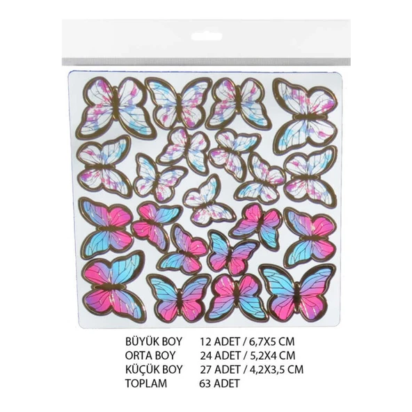 Varaklı Kelebek Dekoratif Süs (63 Adet)  Karışık Renk - 2