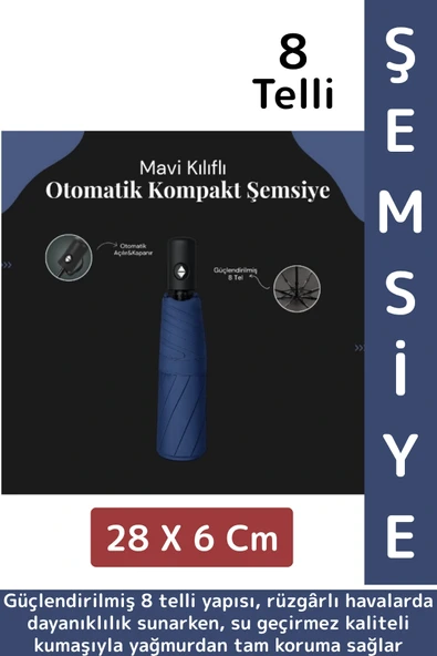 Kompakt Çanta Boy Seyahat Tipi Dayanıklı Otomatik Açma Kapama Güçlendirilmiş 8 Telli Kılıflı Şemsiye