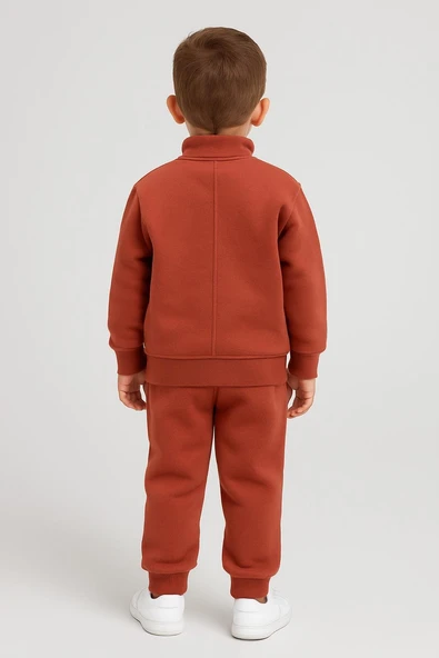 Cg Kids Tatlı kiremit rengi içi pamuklu 3 ip şardonlu dik yaka yarım fermuar ön kanguru dikişli cep erkek çocuk alt üst takım