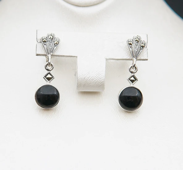 925 Ayar Gümüş Oltu Taşı Kadın Küpe skü00022 - Resim 3