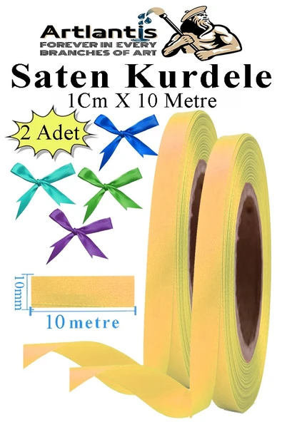 Açık Sarı Kurdele Saten 1 Cm 10 Metre 2 Adet Saten Kurdela Parlak Hediye ve Süsleme Şeridi Süs Paketleme Çiçek Saç El ürün görseli