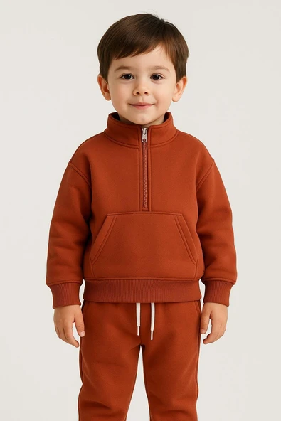 Cg Kids Tatlı kiremit rengi içi pamuklu 3 ip şardonlu dik yaka yarım fermuar ön kanguru dikişli cep erkek çocuk alt üst takım - 2