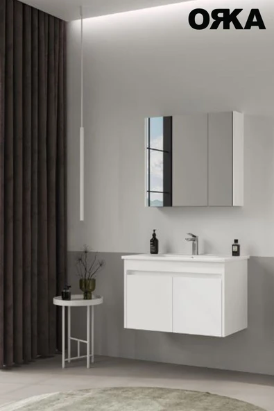ORKA Side 65 cm Mat Beyaz Kapaklı Banyo Dolabı - Resim 2