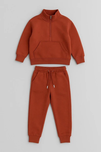 Cg Kids Tatlı kiremit rengi içi pamuklu 3 ip şardonlu dik yaka yarım fermuar ön kanguru dikişli cep erkek çocuk alt üst takım - 3
