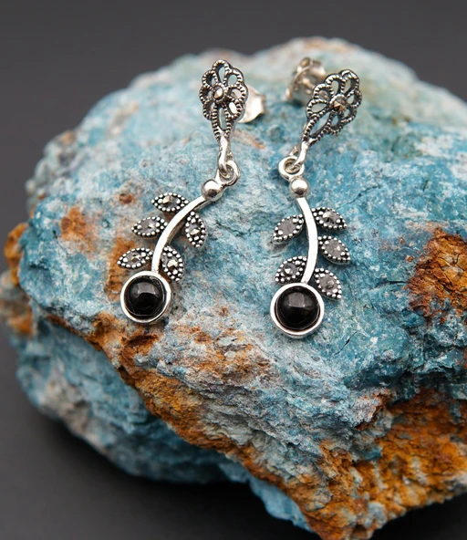 925 Ayar Gümüş Oltu Taşı Kadın Küpe skü00020 ürün görseli 1