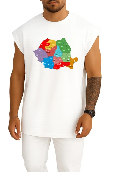 Oversize Romanya Şehirler Ve Harita Göğüs Tasarımlı Atlet - Resim 3