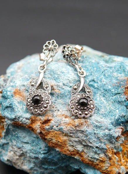 925 Ayar Gümüş Oltu Taşı Kadın Küpe skü00023 - Resim 4