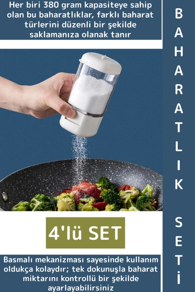 Premium Dayanıklı Toz-Taneli Kullanım Şeffaf Gövde Basmalı Baharatlık Tuzluk Seti 380 ML X 4'lü SET ürün görseli