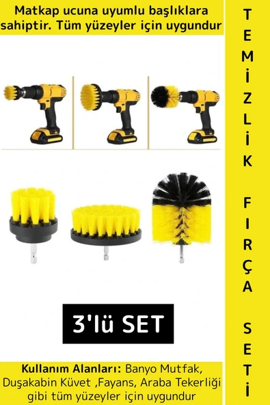 Premium Banyo Küvet Fayans Mutfak Oto Koltuk Tekerlek Matkap Ucuna Takılan 3'lü Temizlik Fırça Seti ürün görseli