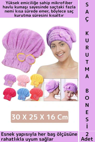 Her Baş Ölçüsüne Uyumlu Esnek Hızlı Emici Banyo Havuz Duş Mikrofiber Havlu Saç Kurutma Bonesi 2 Adet ürün görseli