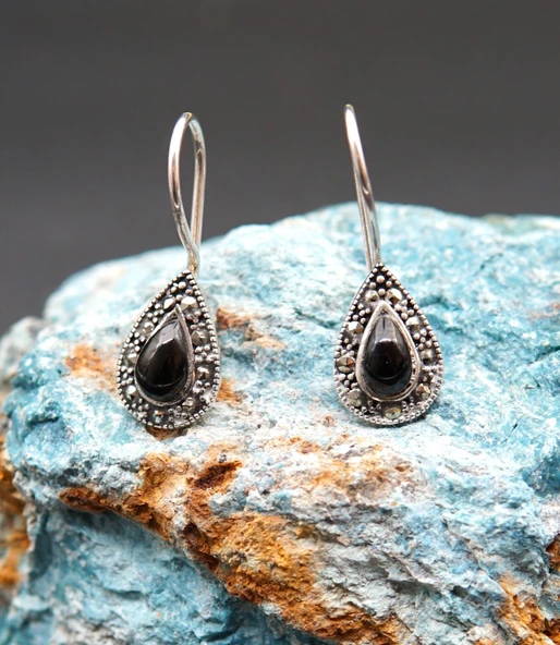 925 Ayar Gümüş Oltu Taşı Kadın Küpe skü00024 - Resim 2