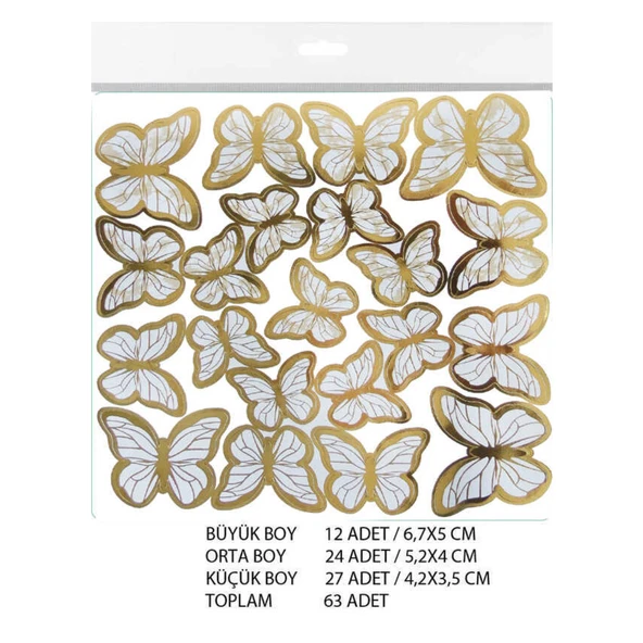 Varaklı Kelebek Dekoratif Süs (63 Adet)  Beyaz - Resim 2